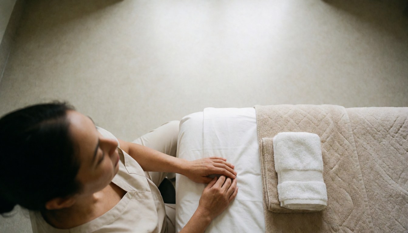 A woman sets up a massage table with fresh towels and a beige blanket in a calm, minimalist spa setting