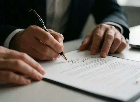 A person signs a document with a black pen on an office desk.