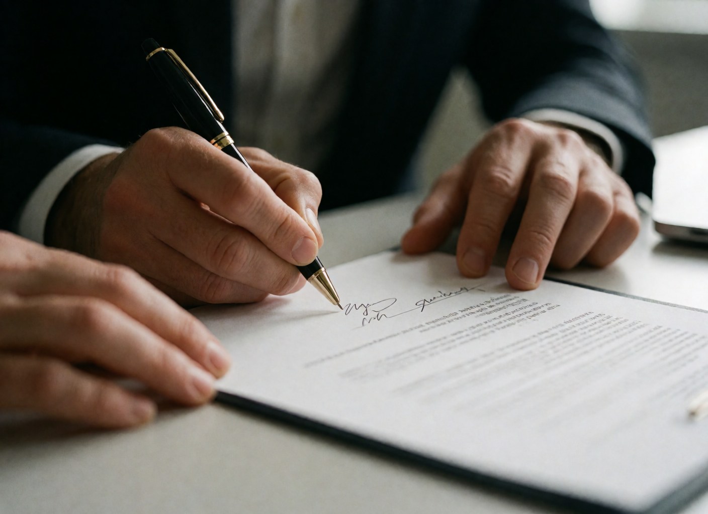 A person signs a document with a black pen on an office desk.