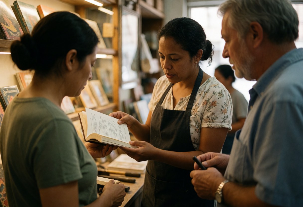 A bookstore employee shows a book to a customer while another person looks on in a warm shop setting.