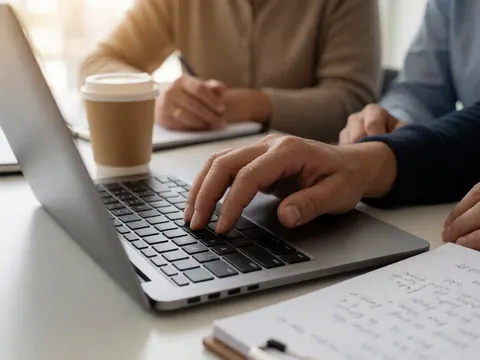 Close-up of a hand typing on a laptop keyboard with a notebook and coffee nearby in a warm office setting