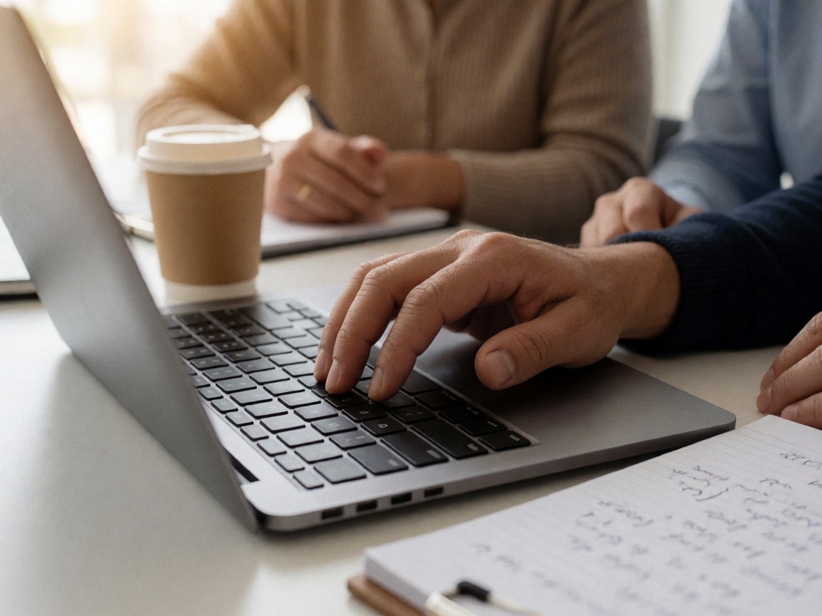 Close-up of a hand typing on a laptop keyboard with a notebook and coffee nearby in a warm office setting