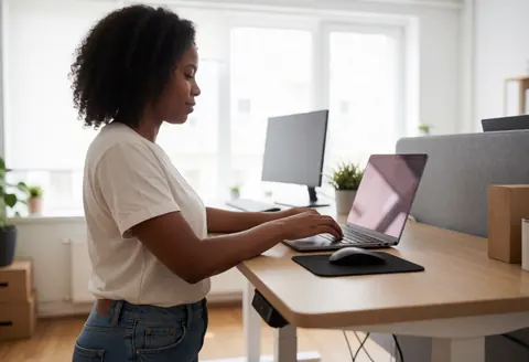 A young woman working on a laptop at her office desk, with a window and plants in the background.