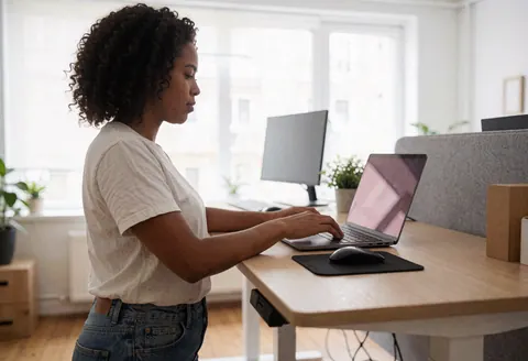 A young woman working on a laptop at her office desk, with a window and plants in the background.