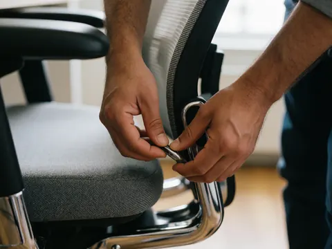 Close-up of a man adjusting the tension of a chrome ergonomic office chair with upholstered seat in a modern professional setting