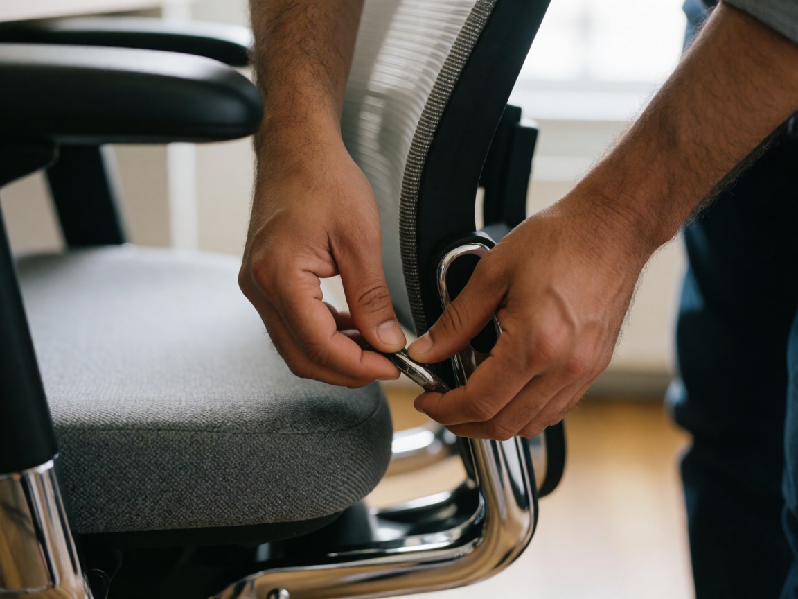 Close-up of a man adjusting the tension of a chrome ergonomic office chair with upholstered seat in a modern professional setting
