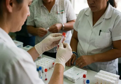Technician in gloves handling a sample tube in a clinical lab with other professionals.