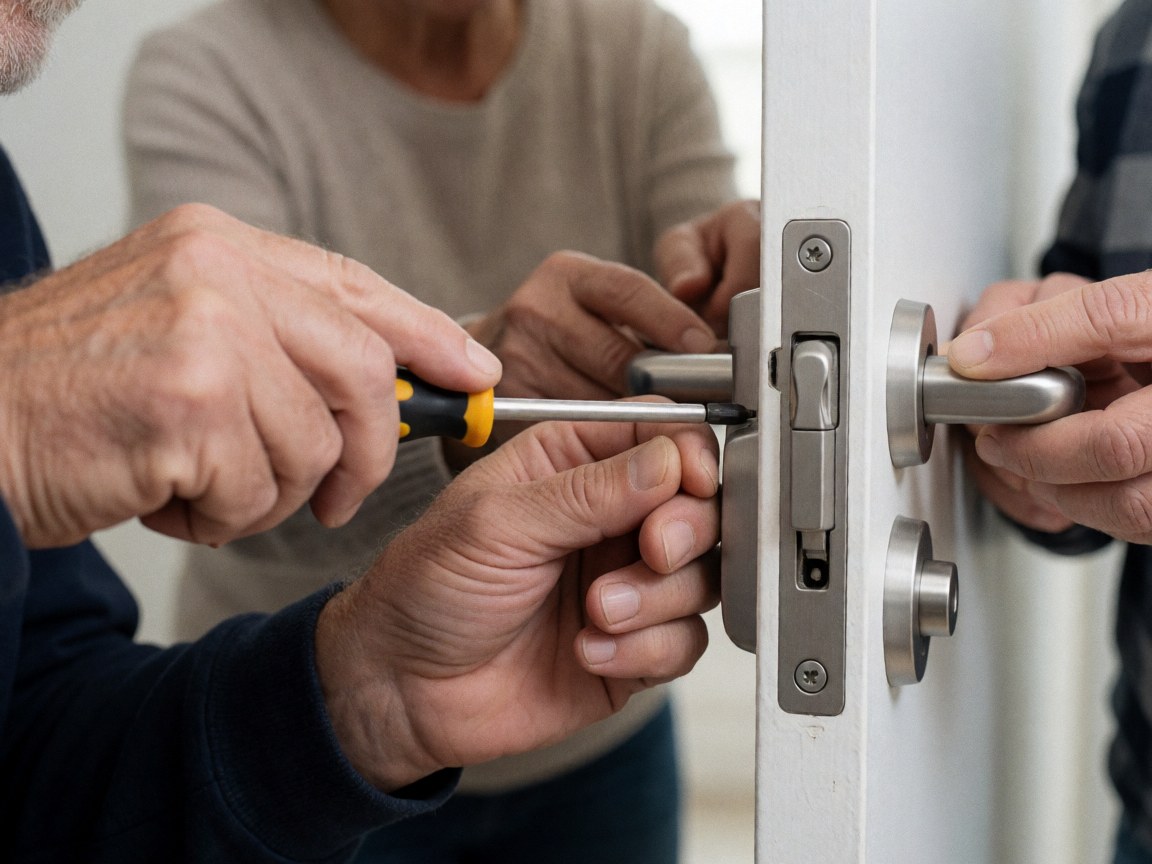 Three hands install a security lock on a white door with a screwdriver.