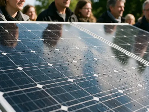 Solar panel with water droplets, reflecting people in the background on a sunny day.