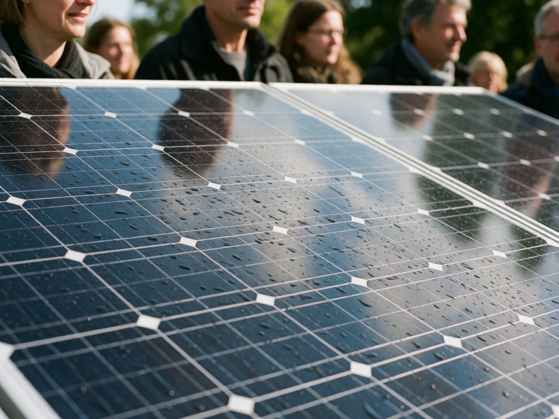 Solar panel with water droplets, reflecting people in the background on a sunny day.