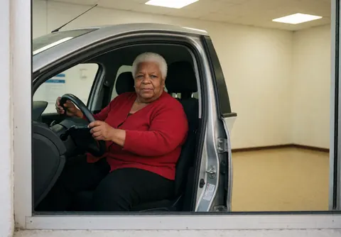 An older woman with white hair and a red cardigan sits behind the wheel of a car, looking forward with an office visible through the window.