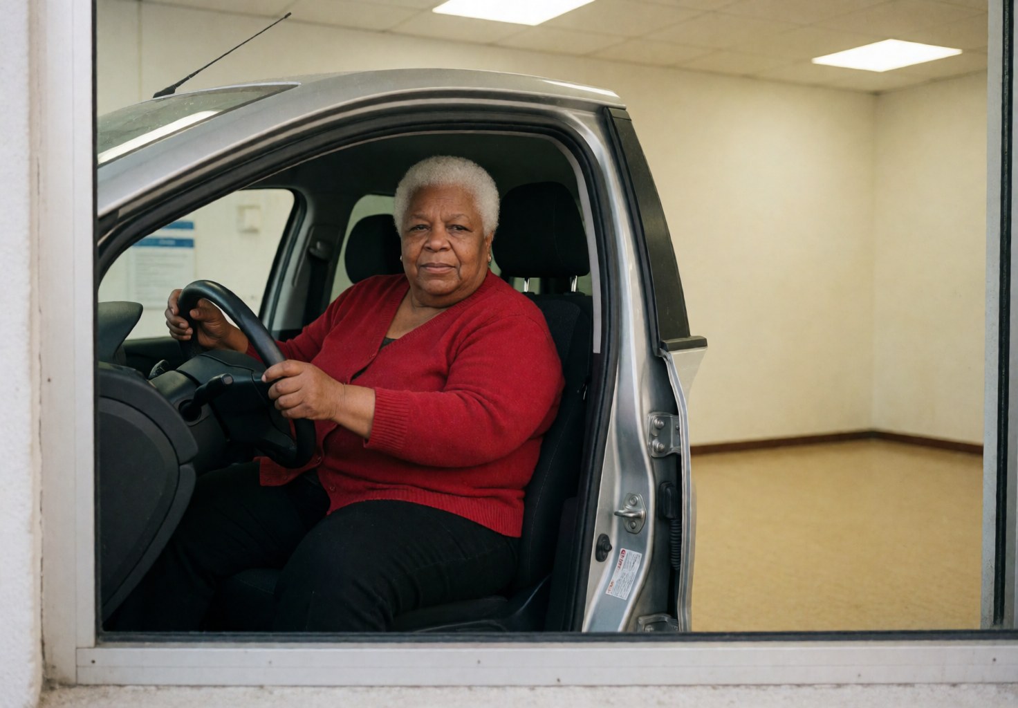 An older woman with white hair and a red cardigan sits behind the wheel of a car, looking forward with an office visible through the window.