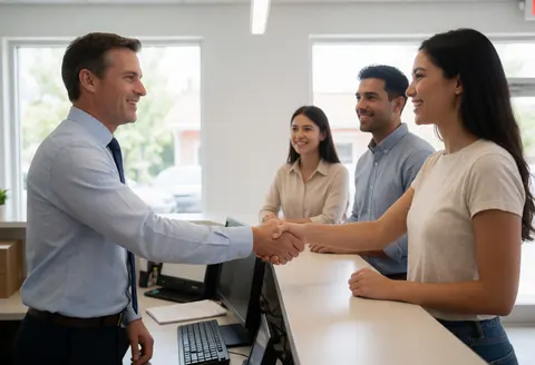 A client smiles as they shake hands with an employee at a modern office reception desk, with two other employees watching.