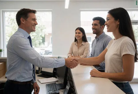 A client smiles as they shake hands with an employee at a modern office reception desk, with two other employees watching.