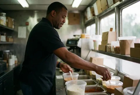 A cook prepares food in a food truck, using containers and utensils in a mobile kitchen.