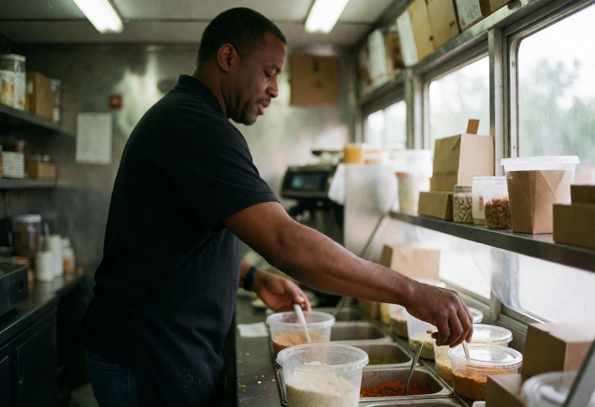 A cook prepares food in a food truck, using containers and utensils in a mobile kitchen.