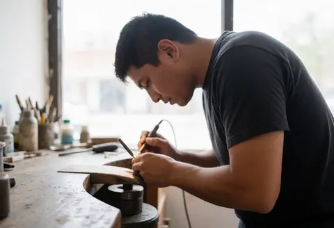 Jeweler working with tools in jewelry workshop, focused on his craft with precision.