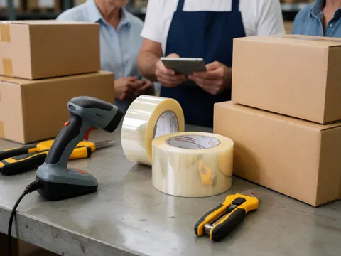 Logistics tools in a workshop: scanner, adhesive tape, and cardboard boxes on a workbench.