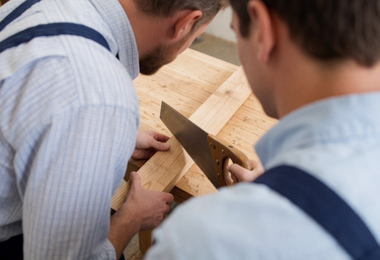 Two carpenters working together in a workshop, one holding a hand saw while the other holds the wood.