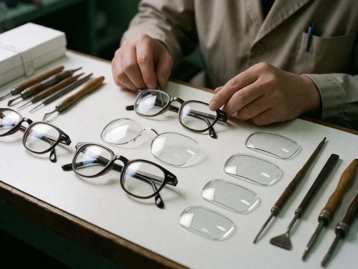 A professional adjusts eyeglass frames on a table with optical tools and spare lenses.