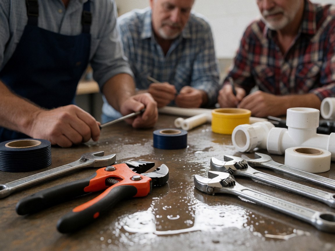Three plumbers work at a wet workbench with tools and pipes, with water and adhesive tape, in a damp workshop.