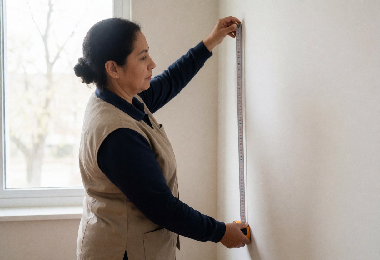 A woman with a tape measure measuring the height of a white wall in a room with a window.