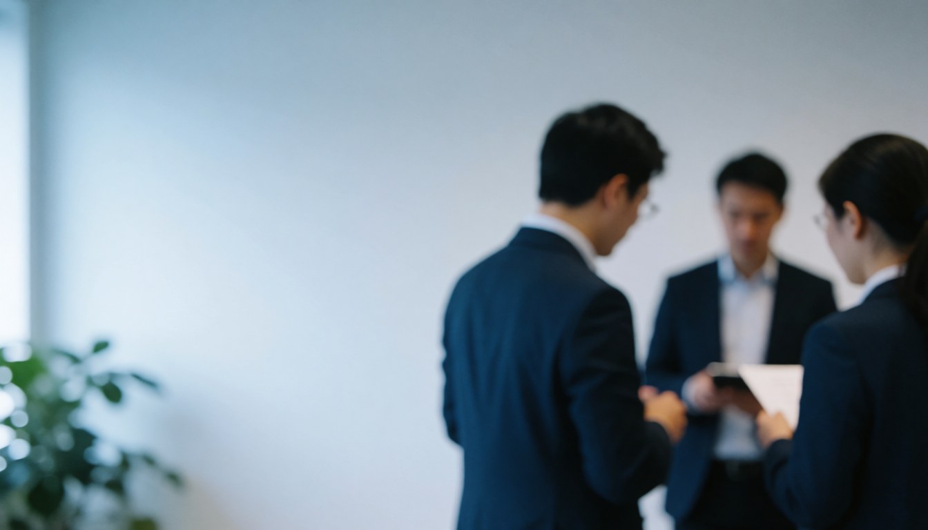 Three people in office suits, two shaking hands while another holds documents.