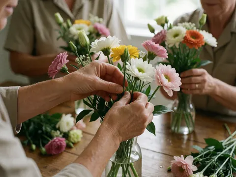 Adult hands arranging a colorful bouquet of flowers on a wooden table.