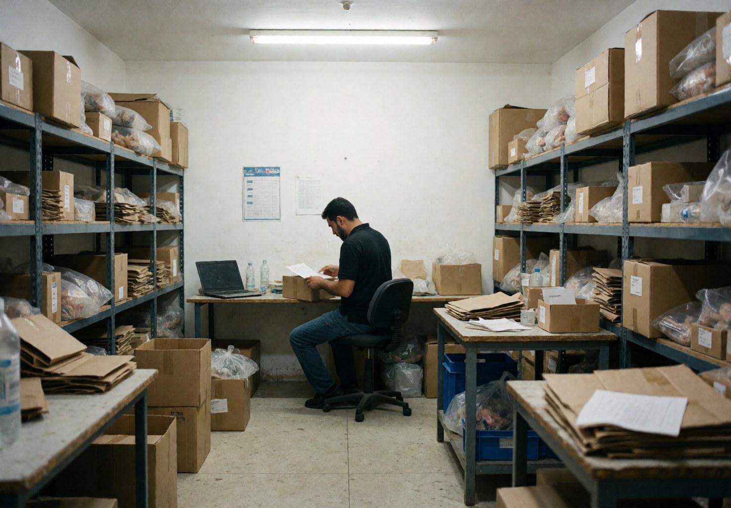 A man in a warehouse reviews documents while seated, surrounded by shelves with boxes and packages.