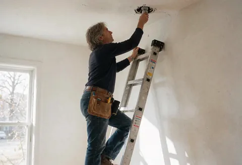 An electrician with tools installs a light fixture on the ceiling of a white room.