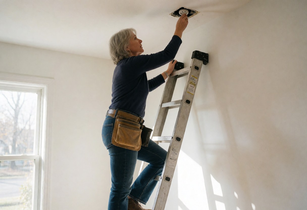 An electrician with tools installs a light fixture on the ceiling of a white room.