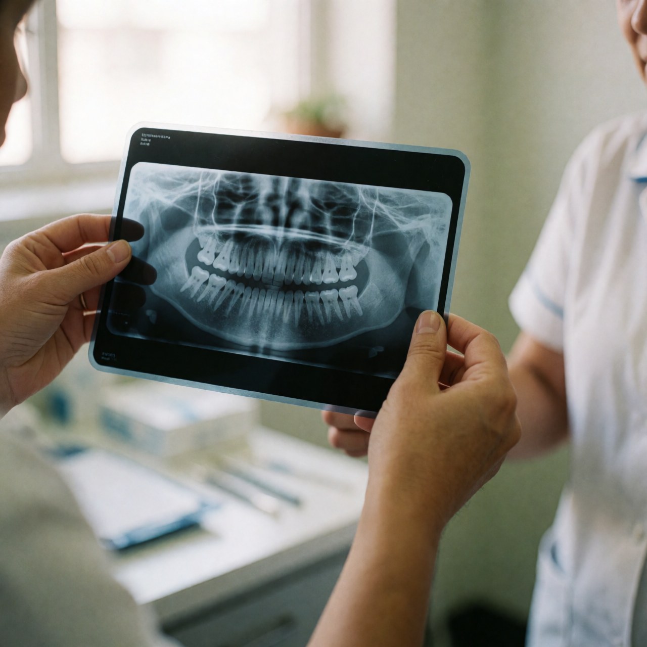 Two dental professionals review a dental X-ray showing teeth and jawbones in a clinic.