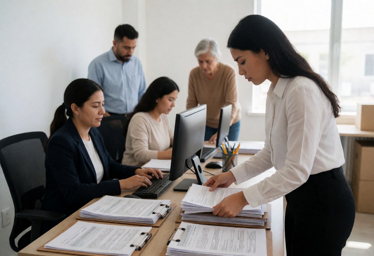 A woman reviews contracts on a desk in an office while others work on computers.