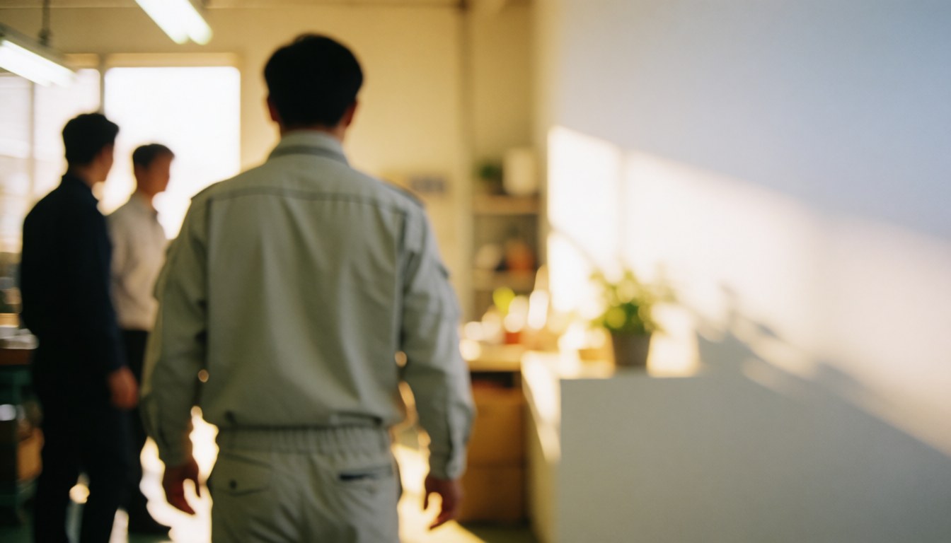 Back view of an air conditioning technician walking through a bright workshop with empty space on the right for text overlay