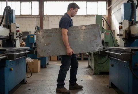 Young male worker transports a large metal sheet through an industrial factory aisle with machinery and natural light from high windows