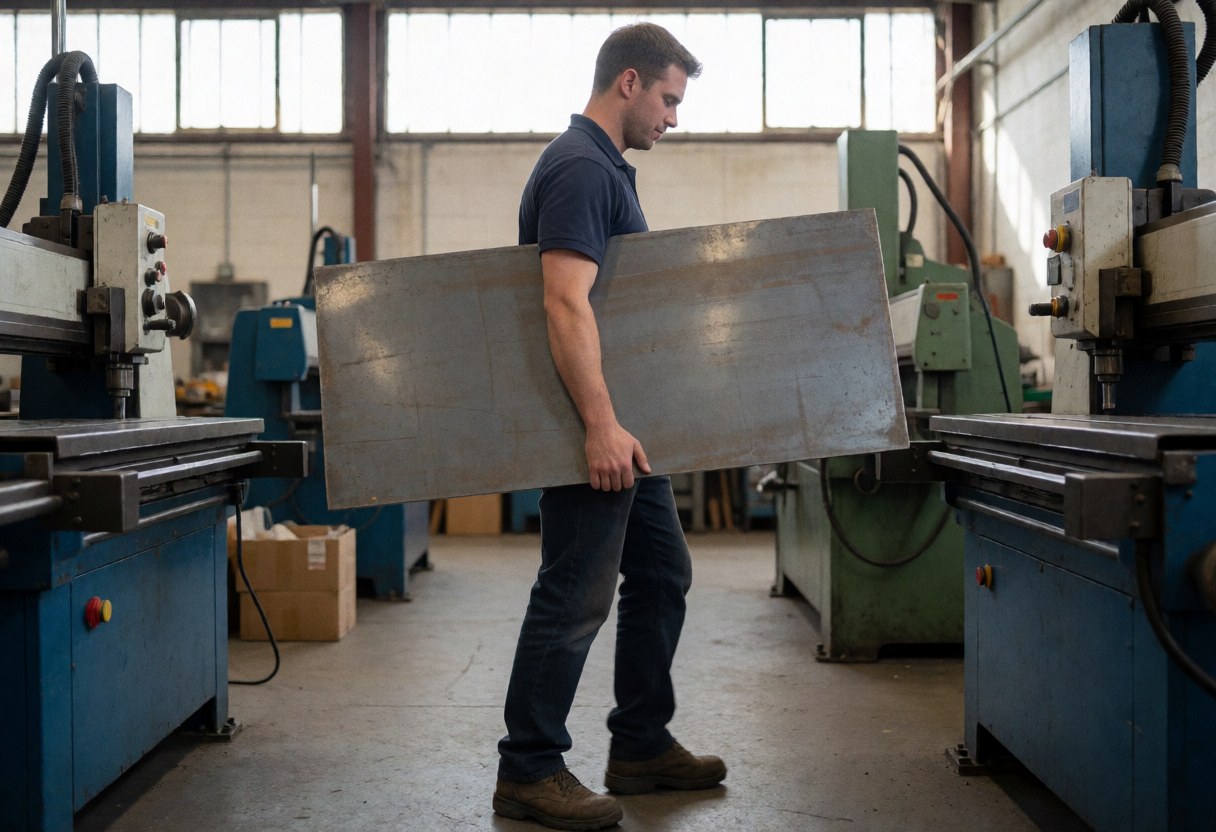 Young male worker transports a large metal sheet through an industrial factory aisle with machinery and natural light from high windows
