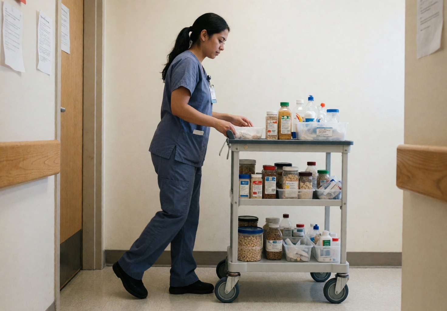 A nurse in a blue uniform walks down a brightly lit clinic hallway pushing a medication cart while focused on her task.