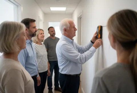 Real estate agent measuring a wall with professional equipment while colleagues observe in a modern office hallway