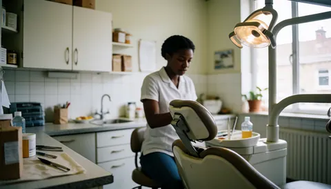 Dental assistant preparing equipment near a treatment chair in a bright, clean clinic with dental lights and medical tools visible