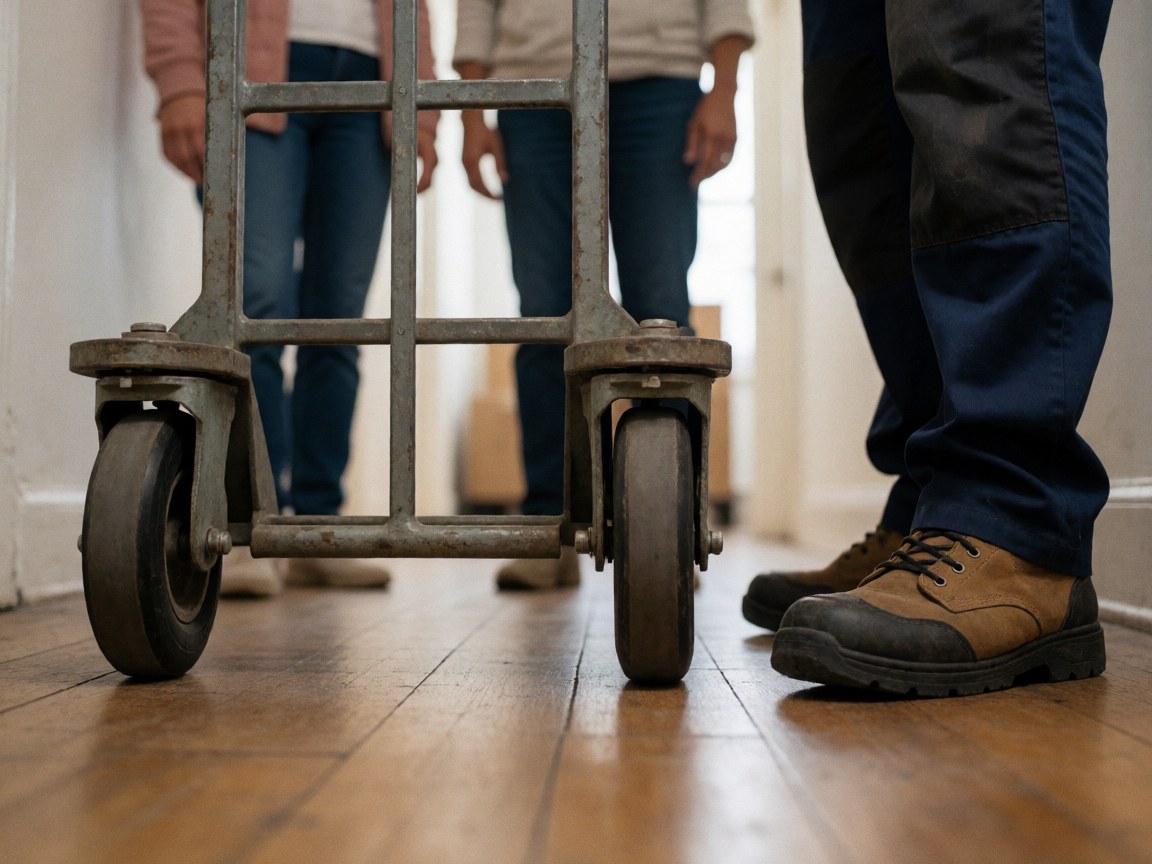 Close up of metal wheeled dolly in wooden hallway with people feet around for moving services