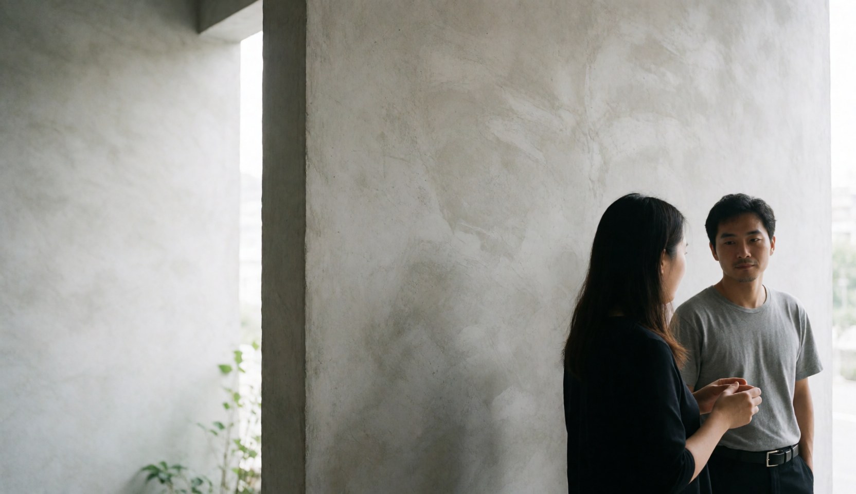 A man and a woman talking in front of a concrete wall with natural light coming through side windows.
