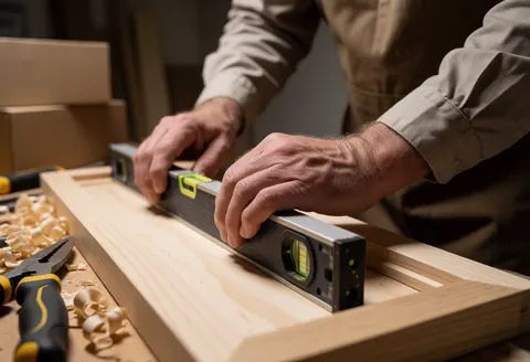 A hand holds a level on a wooden board, with wood shavings and tools around in a workshop.