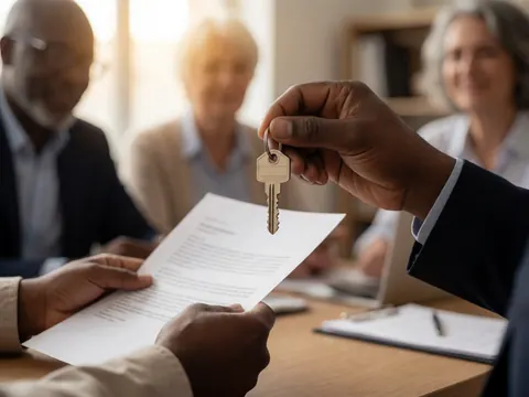 Close-up of a hand handing over house keys and documents in a professional office setting with colleagues observing in the background.
