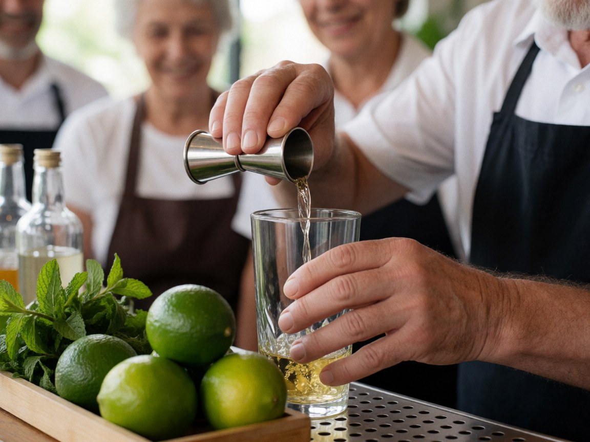 Close-up of bartender mixing a lime cocktail using a jigger, surrounded by fresh limes and mint leaves in a softly blurred bar setting.