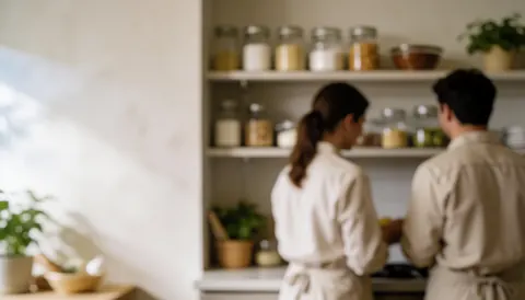 Two people cooking in a professional kitchen with ingredient shelves and a blurred background, providing space for text