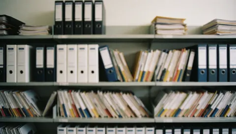 Shelves filled with accounting folders and documents in an office with a blurred background suitable for professional text overlays