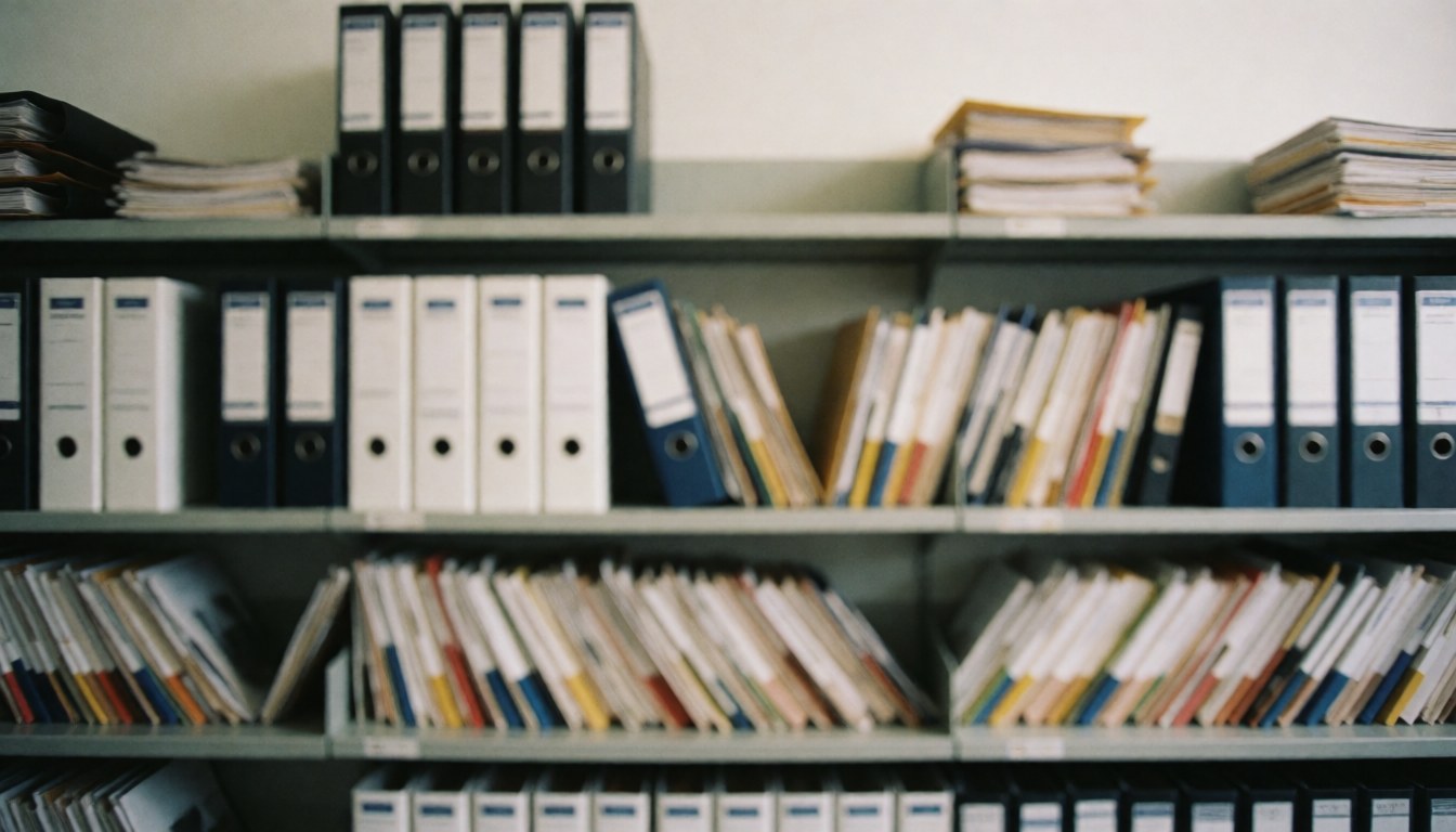 Shelves filled with accounting folders and documents in an office with a blurred background suitable for professional text overlays