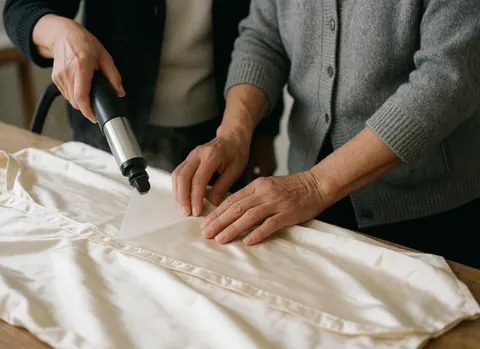 Close-up of hands steaming a white shirt on a wooden surface with a neutral background for clothing retail.