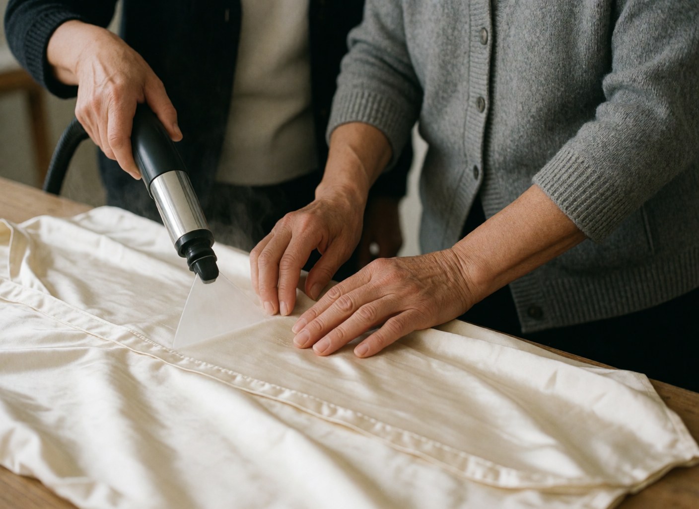 Close-up of hands steaming a white shirt on a wooden surface with a neutral background for clothing retail.