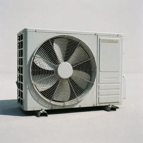 Gray outdoor air conditioning unit on a concrete floor, with visible fan and shadow cast.